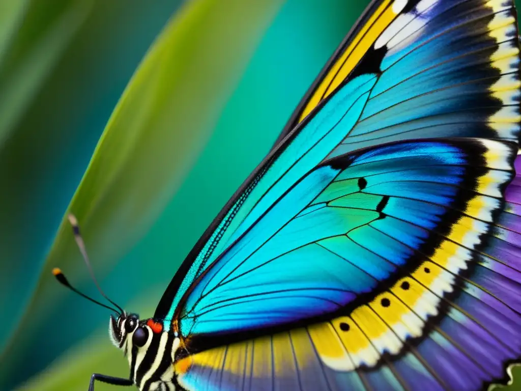 Detalle de ala de mariposa con patrón vibrante, colores brillantes y texturas delicadas