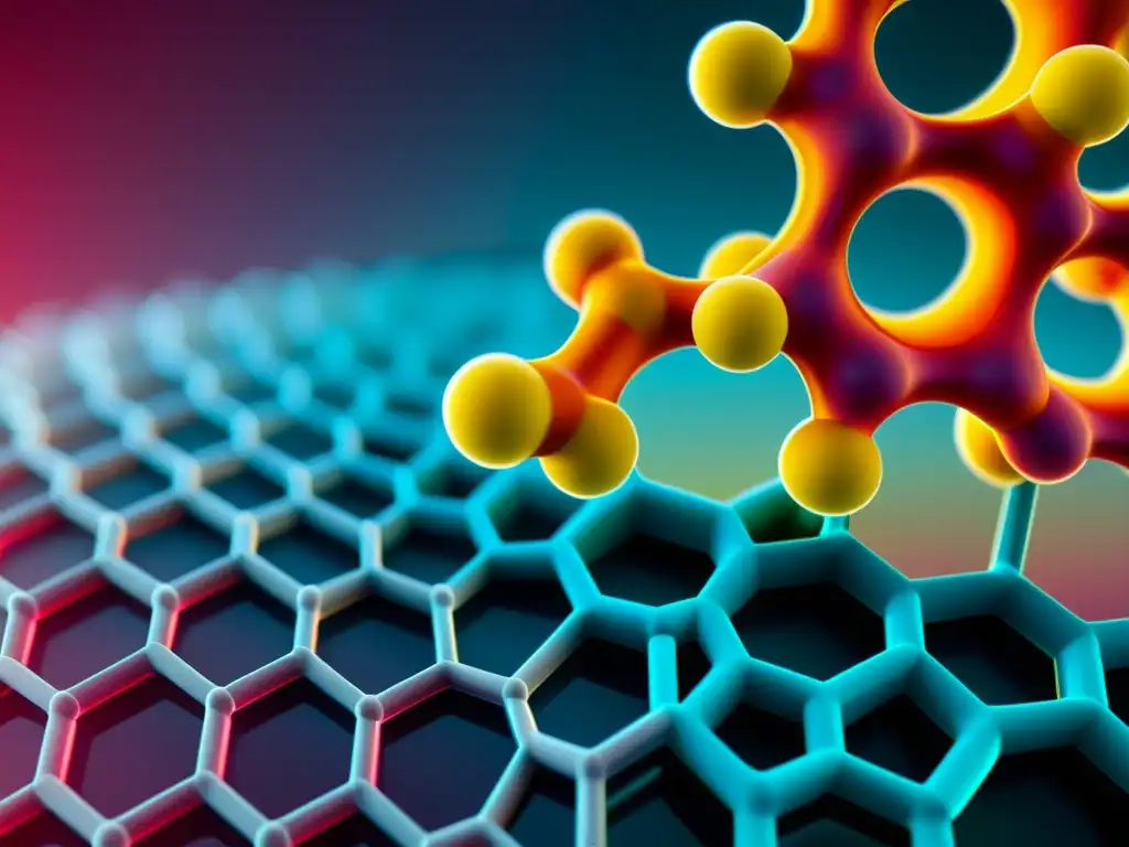 Detalle en alta resolución de material nanométrico, con patrones moleculares vibrantes, destacando la precisión y complejidad de la nanotecnología