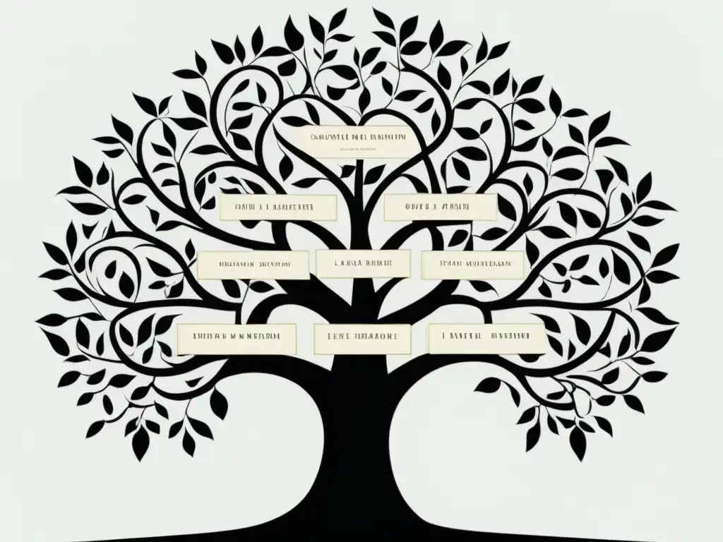 Detalle de árbol genealógico en blanco y negro con nombres de autores famosos y documentos legales, simbolizando la planificación de la herencia de derechos de autor