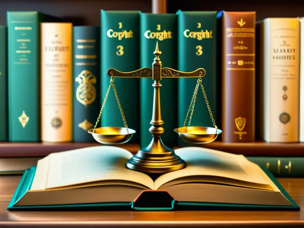 Detalle de balanza con libros y símbolos de copyright, equilibrio entre acceso e propiedad intelectual