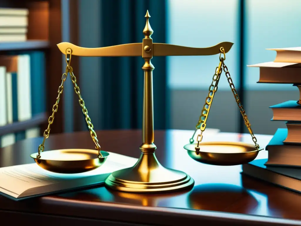Detalle de una balanza con símbolo de marca y documentos legales, simbolizando el equilibrio y entendimiento del uso justo de marcas y derechos