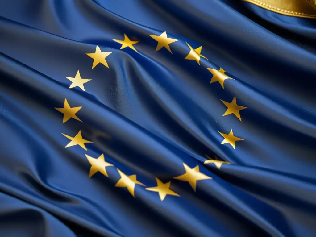 Detalle de la bandera de la Unión Europea con estrellas doradas sobre un fondo azul profundo, simbolizando la legislación europea sobre derechos de autor digitales