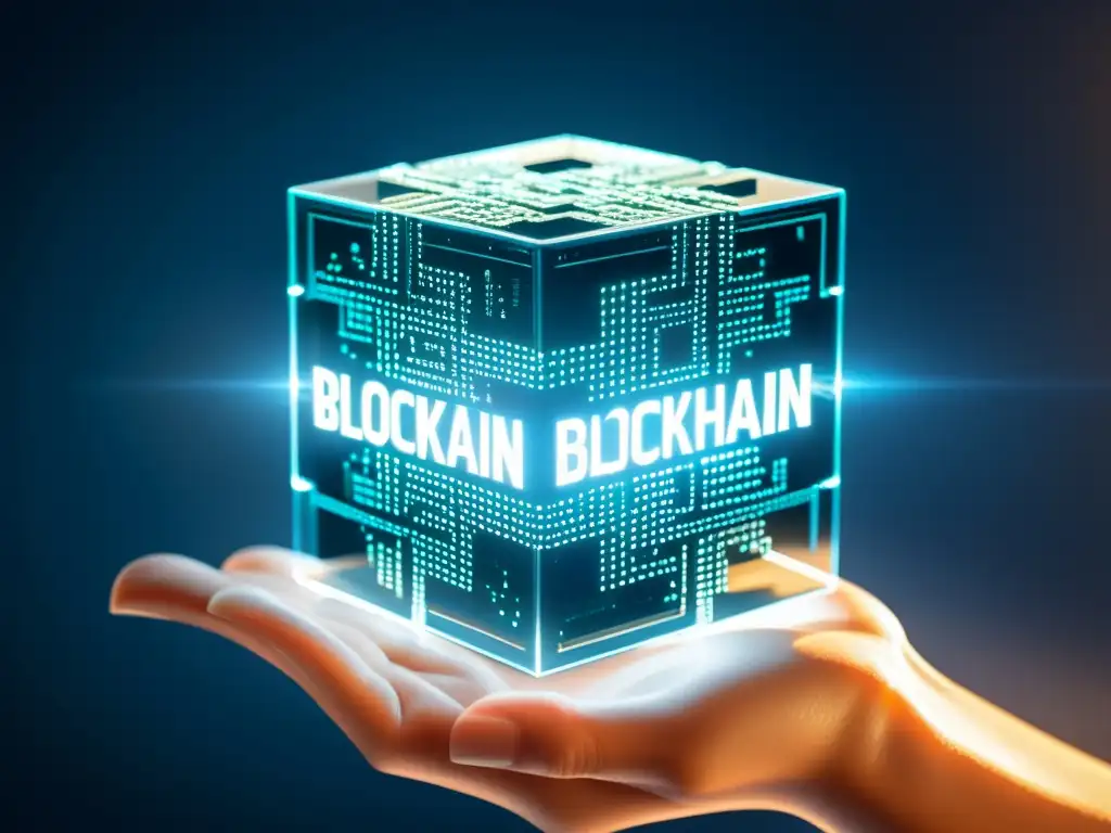 Detalle de bloques de blockchain con circuitos brillantes, simbolizando innovación y seguridad en litigios de propiedad intelectual