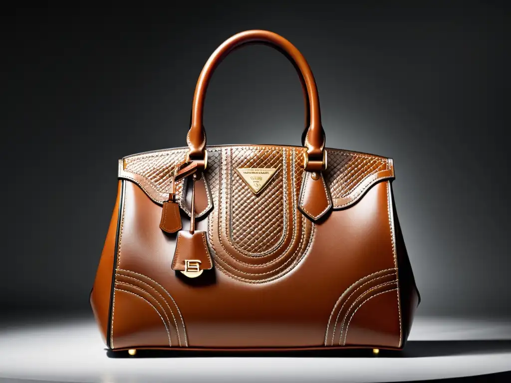 Detalle de bolso de diseñador con costuras intrincadas y cuero lujoso, resaltando la artesanía y diseño de marcas de alta moda