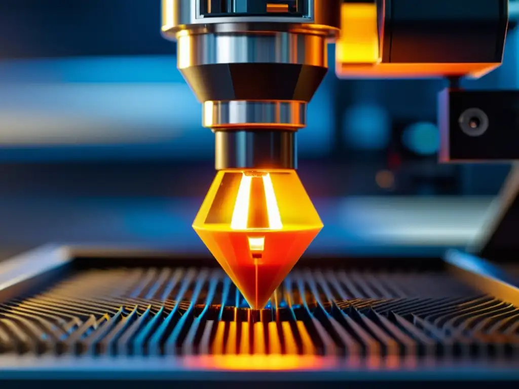 Detalle de boquilla de impresora 3D en acción, creando una forma geométrica futurista