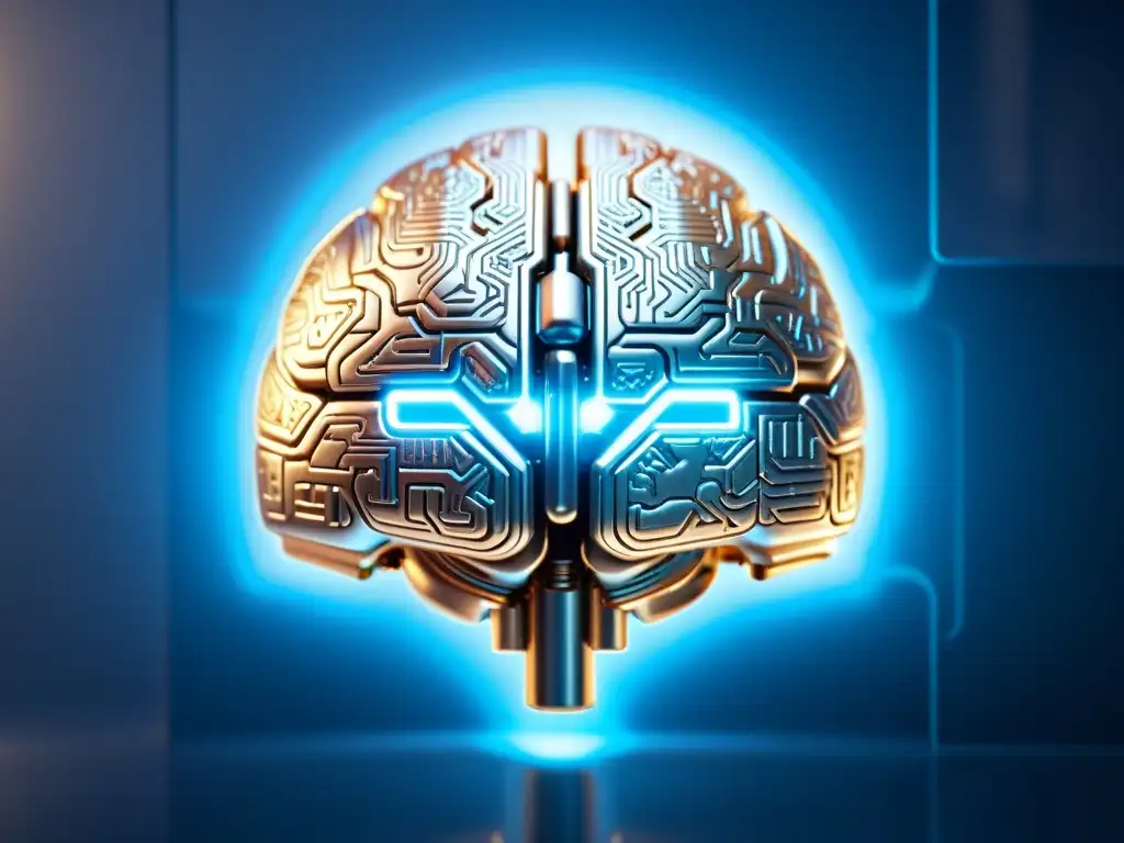 Detalle de un cerebro metálico AI futurista con circuitos y luz azul, reflejando un laboratorio de alta tecnología