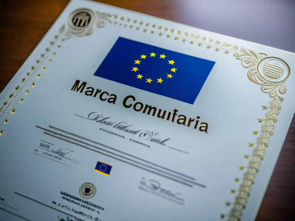 Detalle de un certificado de marca comunitaria de la Unión Europea, resaltando su autenticidad