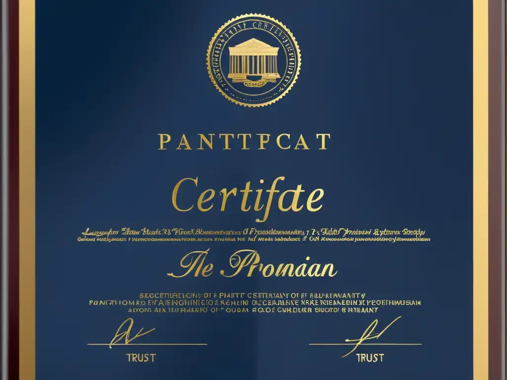 Detalle de un certificado de patente con diseño moderno y sellos dorados, representando la importancia de las estrategias legales en la defensa de patentes