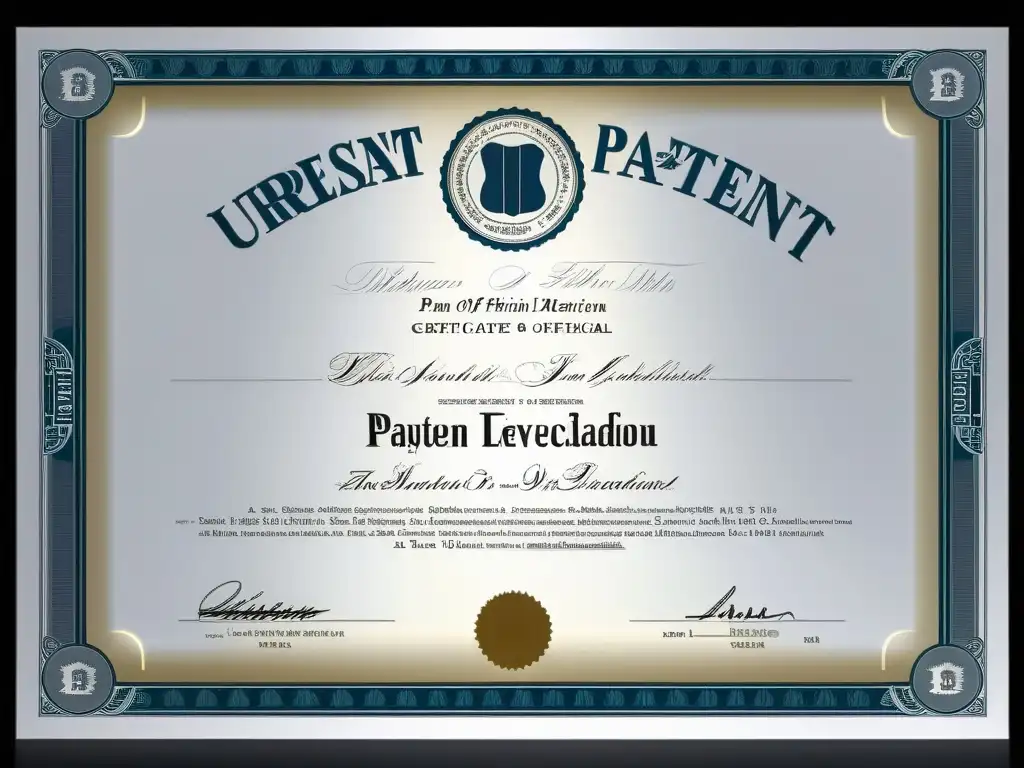 Detalle de un certificado de patente moderno, enfocándose en el sello oficial y el título