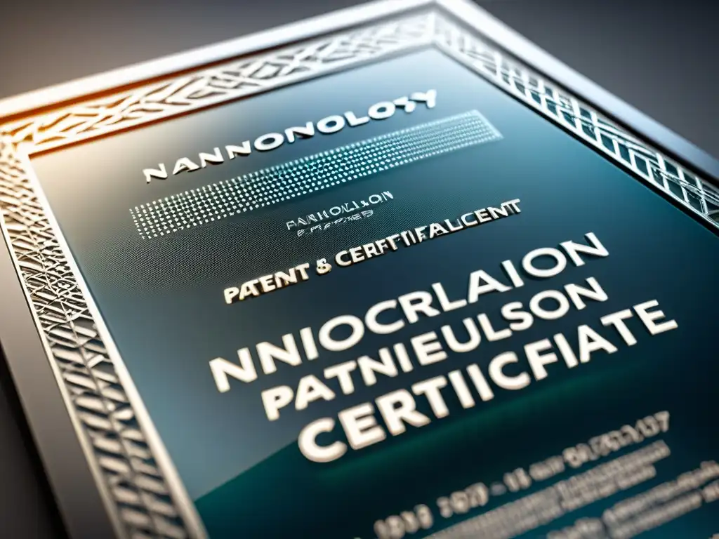 Detalle de certificado de patente en nanotecnología con intrincados diseños grabados