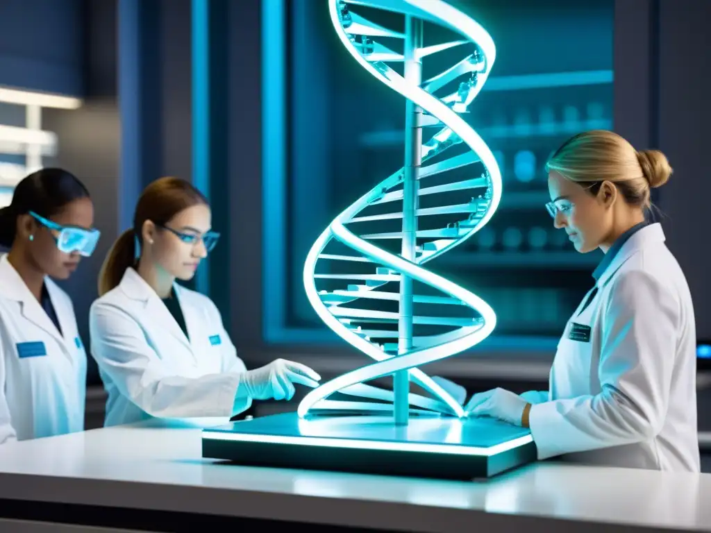 Detalle de científicos editando una hebra de ADN en laboratorio futurista