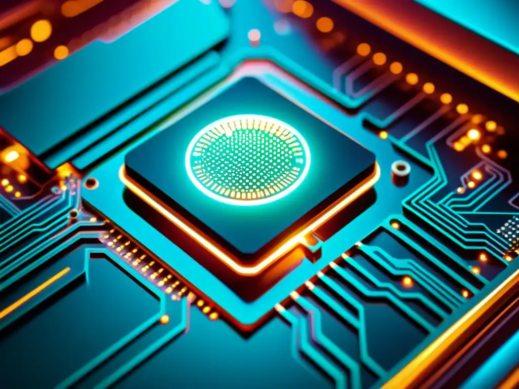 Detalle de un circuito integrado con iluminación LED futurista, salvaguardando patentes de circuitos integrados con tecnología avanzada y conexiones intrincadas
