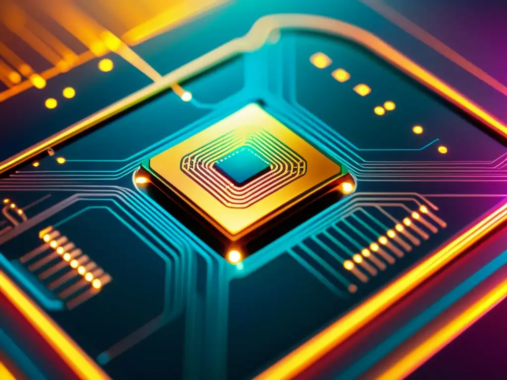 Detalle de circuito nanoelectrónico con colores vibrantes, tecnología innovadora y aspecto futurista