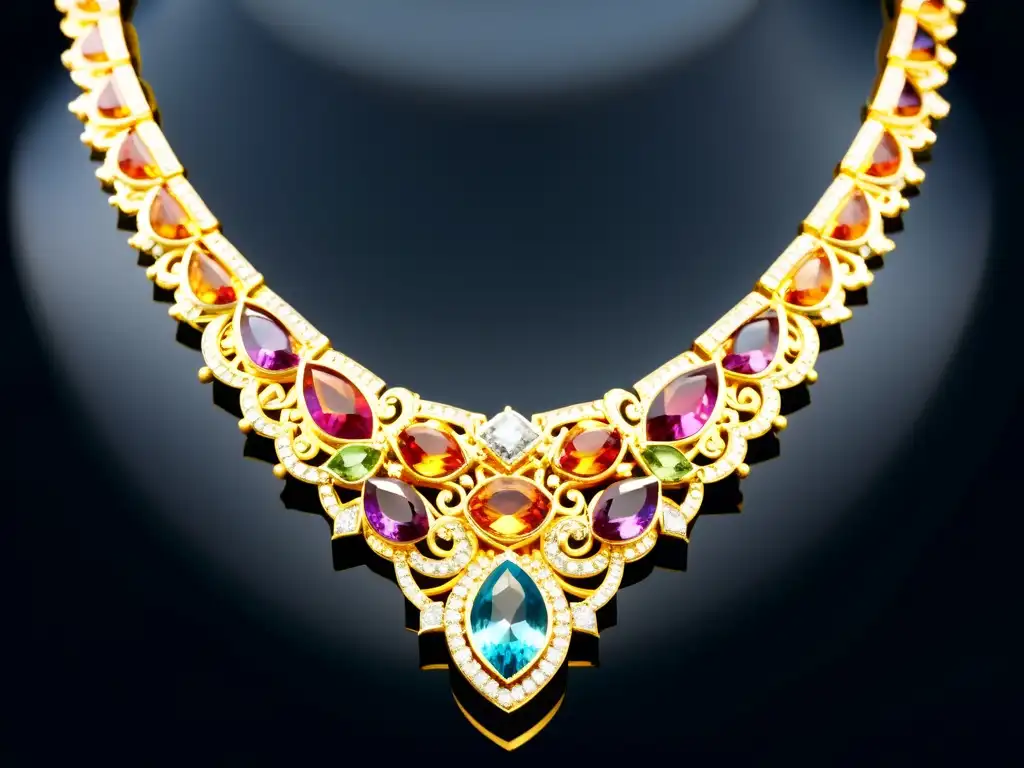 Detalle de collar de declaración de diseño intrincado y elegante, resaltando gemas brillantes sobre fondo oscuro
