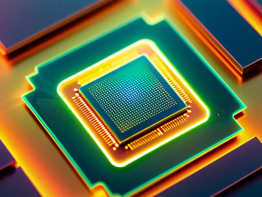 Detalle colorido y complejo de un chip semiconductor, reflejando la fusión de innovación y patentes en la miniaturización tecnológica