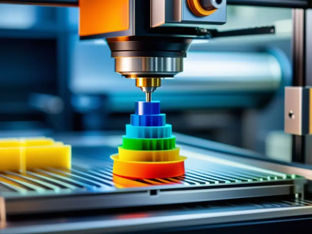 Detalle colorido de impresora 3D en acción, resaltando la tecnología vanguardista