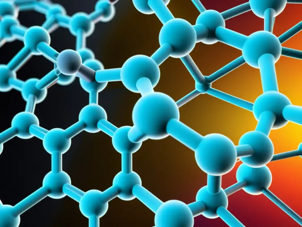 Detalle colorido de nanomaterial bajo microscopio electrónico, mostrando su compleja estructura molecular