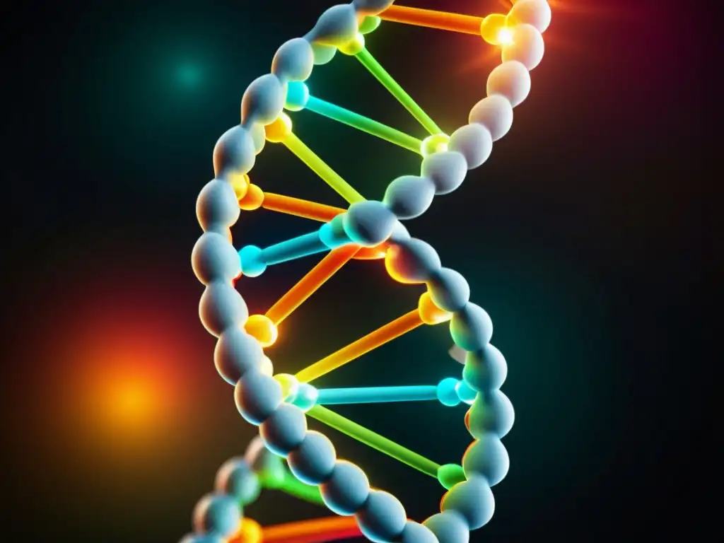 Detalle de doble hélice de ADN con colores vibrantes, muestra estructura molecular detallada