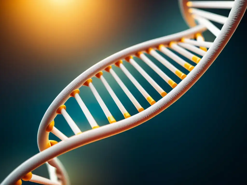 Detalle de una doble hélice de ADN, con una estructura elegante y compleja, resaltada por una iluminación sutil