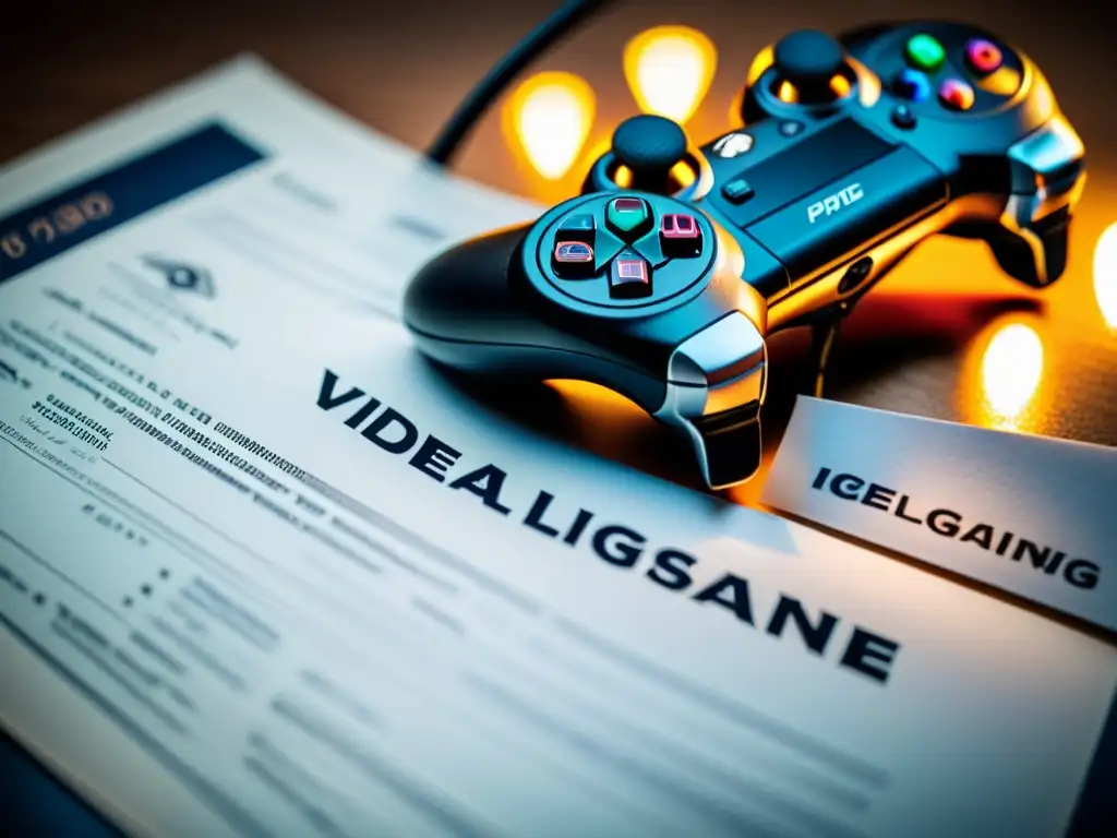 Detalle de documento legal sobre acuerdos de licencia en videojuegos eSports, con controles de juego modernos en contraste