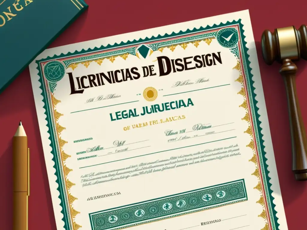 Detalle de documento legal con licencias recursos diseño videojuegos, rodeado de elementos legales modernos y elegantes