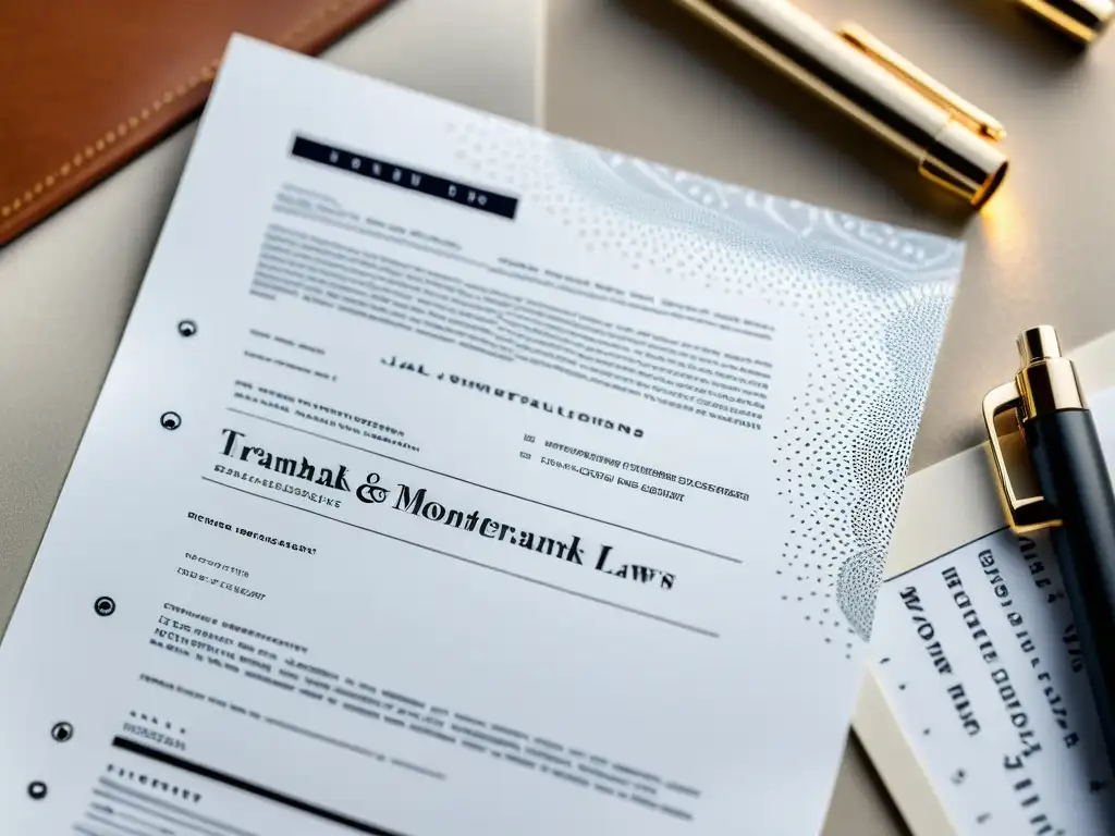 Detalle de documento legal con marcas de agua, en un elegante escritorio con boceto de moda