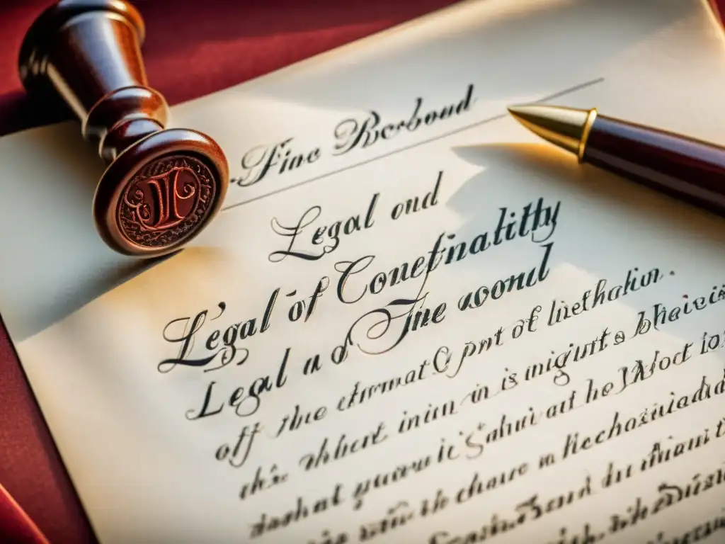 Detalle de documento legal vintage con acuerdos de confidencialidad en entrevistas en elegante caligrafía y sello de cera roja
