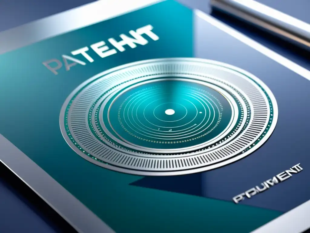 Detalle de documento de patente abstracto futurista con intrincados patrones geométricos y esquemas técnicos