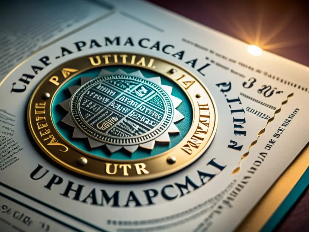 Detalle de documento de patente farmacéutica, con intrincados textos y sellos oficiales
