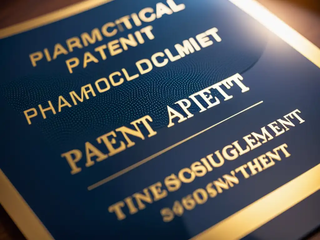 Detalle de documento de patente farmacéutica con intrincados patrones y letras