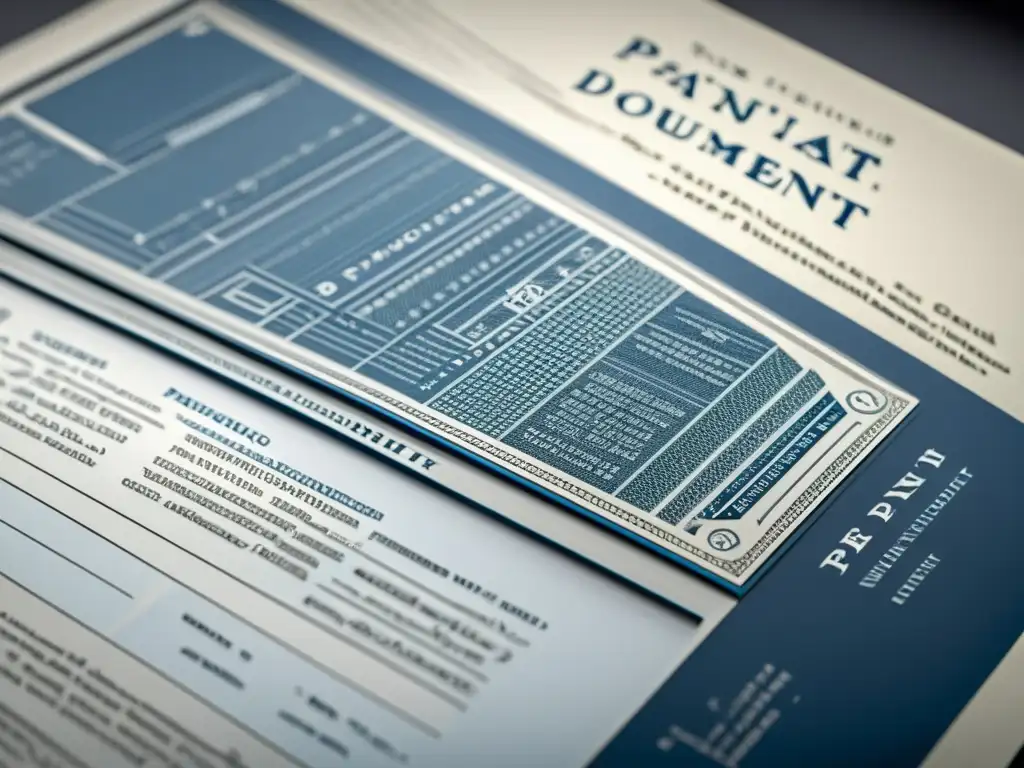 Detalle de un documento de patente con intrincada estructura y texto técnico, transmitiendo autenticidad e importancia