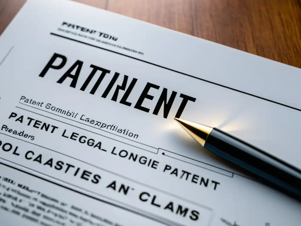 Detalle de documento de patente con lenguaje legal complejo y diagramas, transmitiendo autoridad y expertise