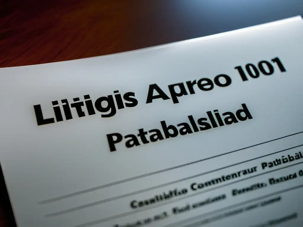 Detalle del documento de patente 'Litigios sobre patentabilidad Sección 101' en elegante caligrafía, en un entorno legal contemporáneo y minimalista