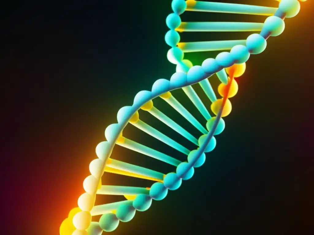 Detalle de una estructura de doble hélice de ADN con colores vibrantes y modernos, representando el código genético