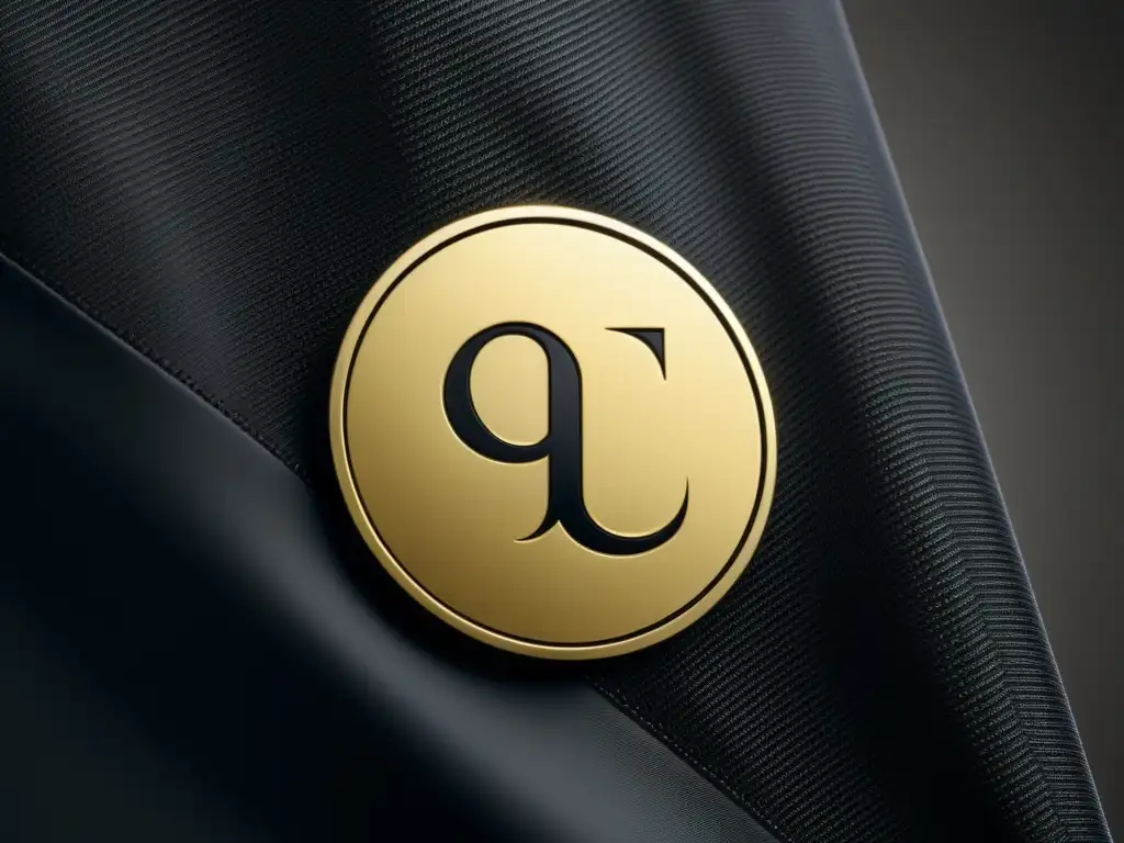 Detalle de etiqueta de ropa con símbolo de marca registrada en dorado sobre fondo negro, evocando lujo y sofisticación en la moda