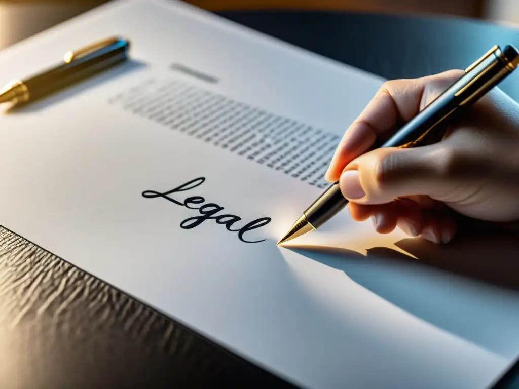 Detalle de firma legal con elegante bolígrafo, transmitiendo formalidad y precisión