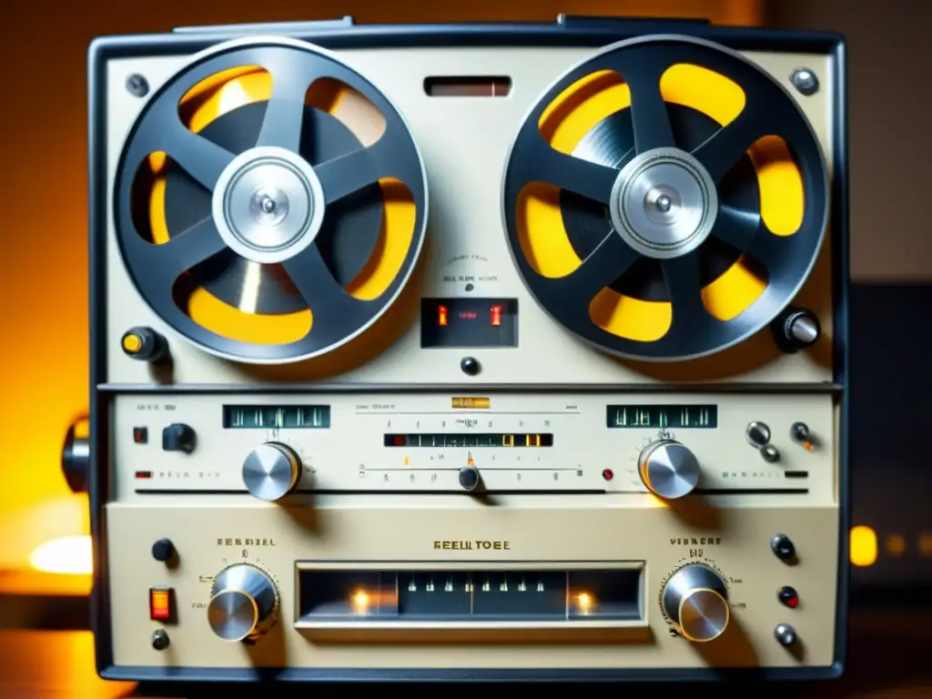 Detalle de un grabador de cinta vintage reproduciendo una banda sonora clásica, evocando la historia de los derechos de autor en bandas sonoras