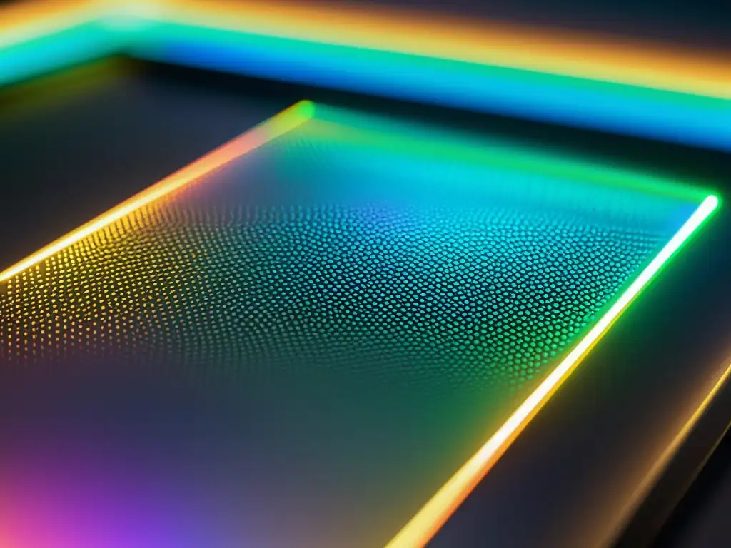 Detalle de holograma tecnológico en proceso de aplicación, reflejando luz con patrones y colores, lucha contra falsificación propiedad intelectual