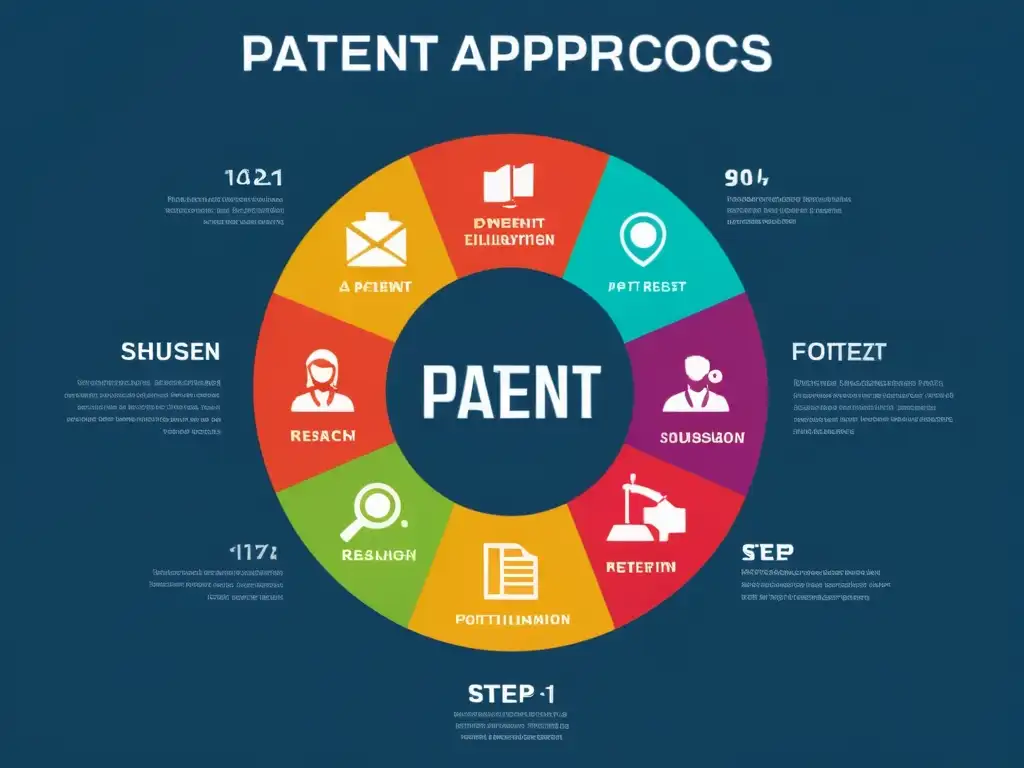 Detalle ilustrado del proceso de solicitud de patente, con pasos e iconos de investigación, documentación, presentación, revisión y aprobación