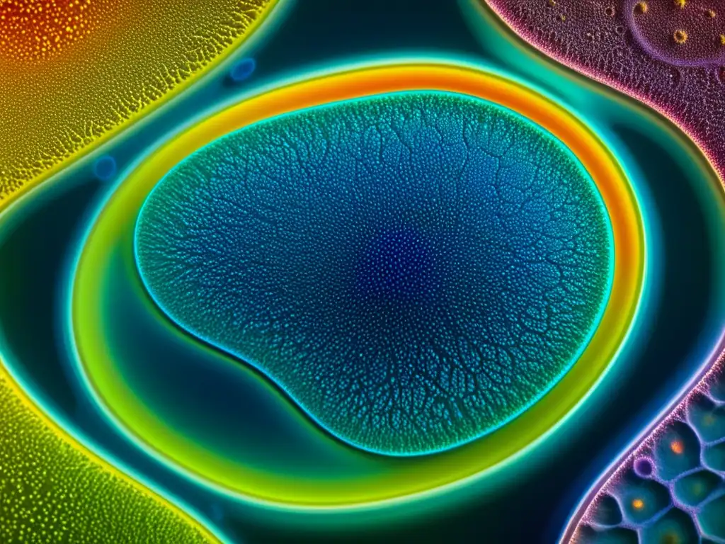Detalle impactante de una célula vegetal modificada genéticamente bajo microscopio, mostrando patrones y colores futuristas