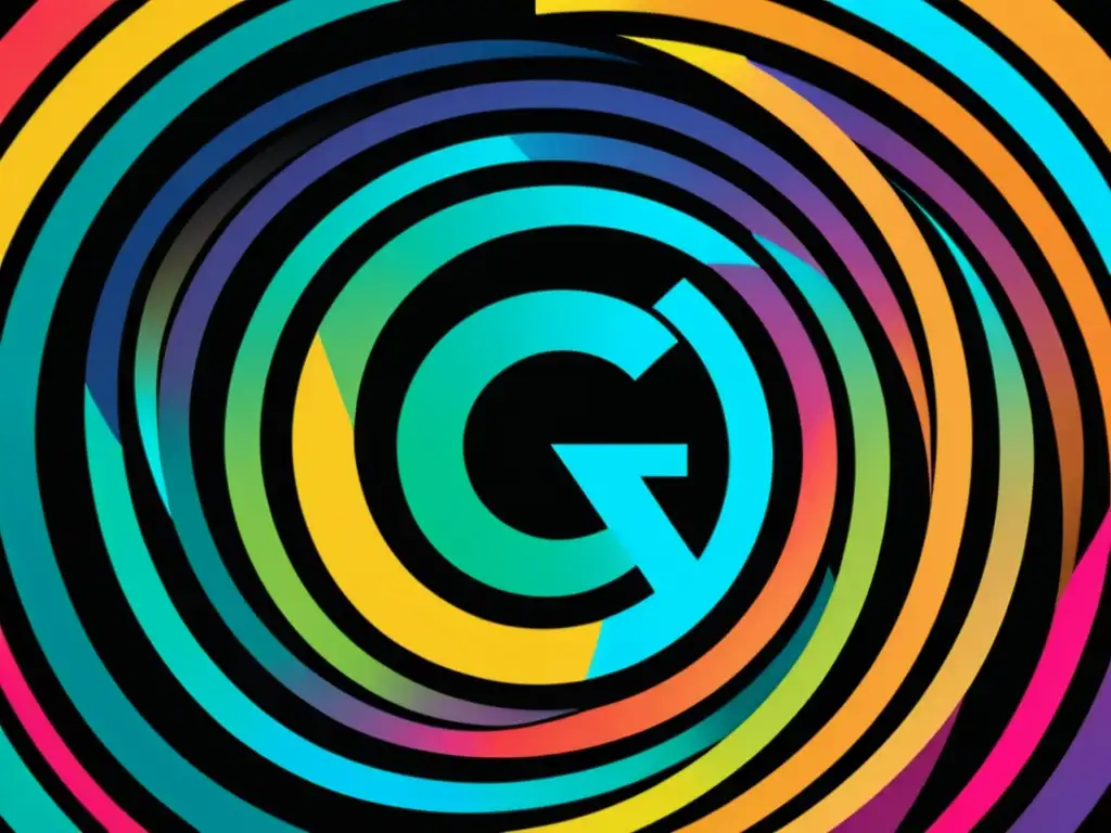 Detalle impactante de logo con símbolos de copyright superpuestos, representando la intersección entre marcas y derechos de autor en colores vibrantes y detallados