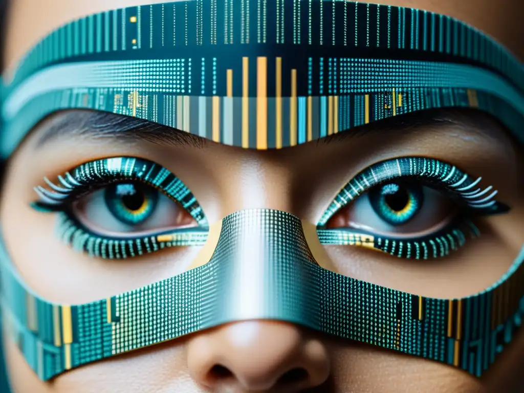 Misterio digital: Ojos detrás de una máscara pixelada Detalle impactante de ojos tras máscara digital pixelada, evocando misterio y anonimato en línea mantenerse invisible
