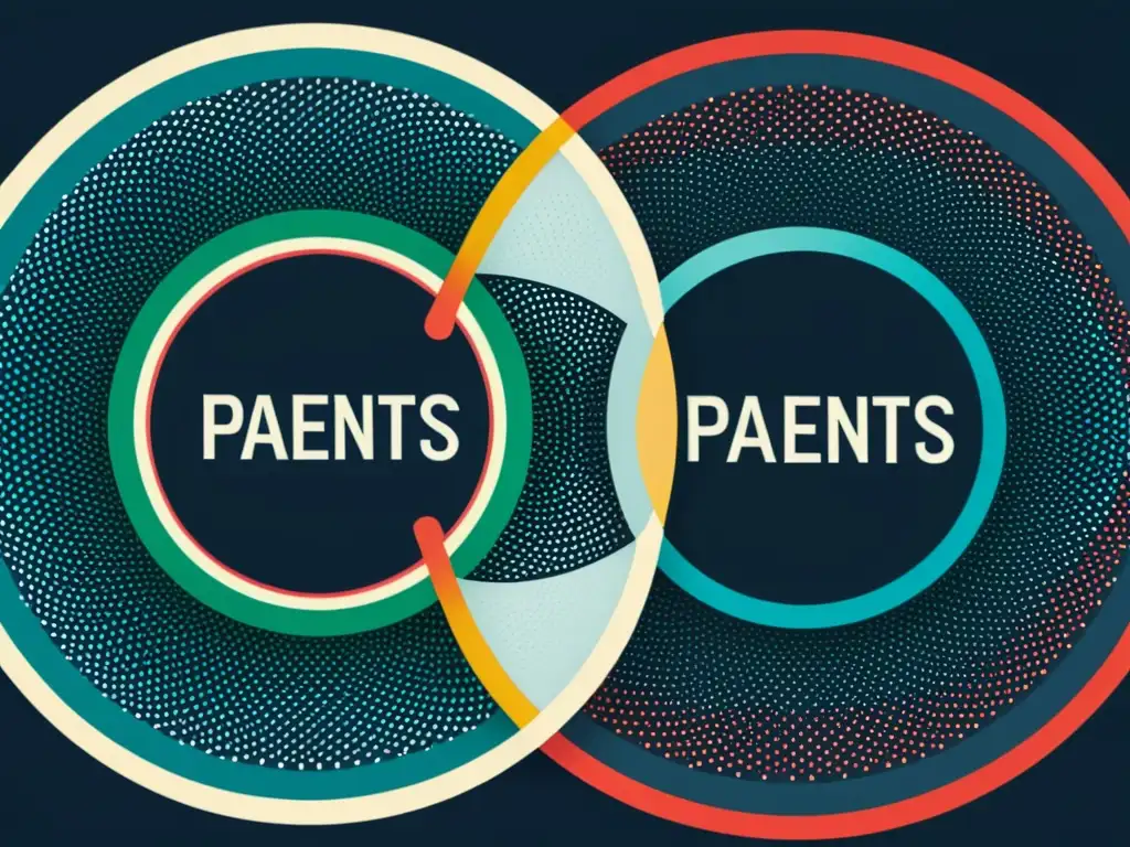 Detalle impactante de Venn diagrams superpuestos con patrones intrincados y colores vibrantes, representando el impacto de patentes y competencia