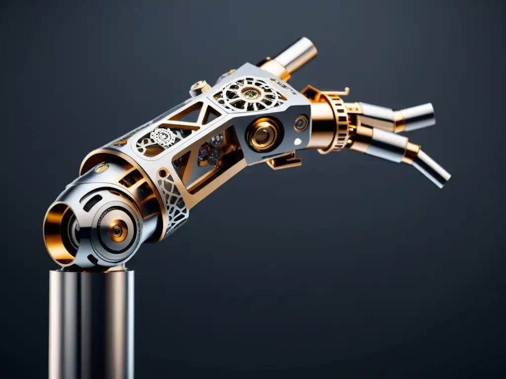 Detalle impresionante de un brazo robótico futurista, fusionando diseño industrial y estética artística