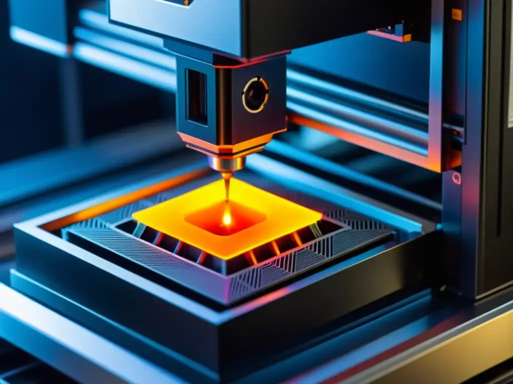 Detalle de impresora 3D en acción, con capas de material fundido formando estructura geométrica futurista