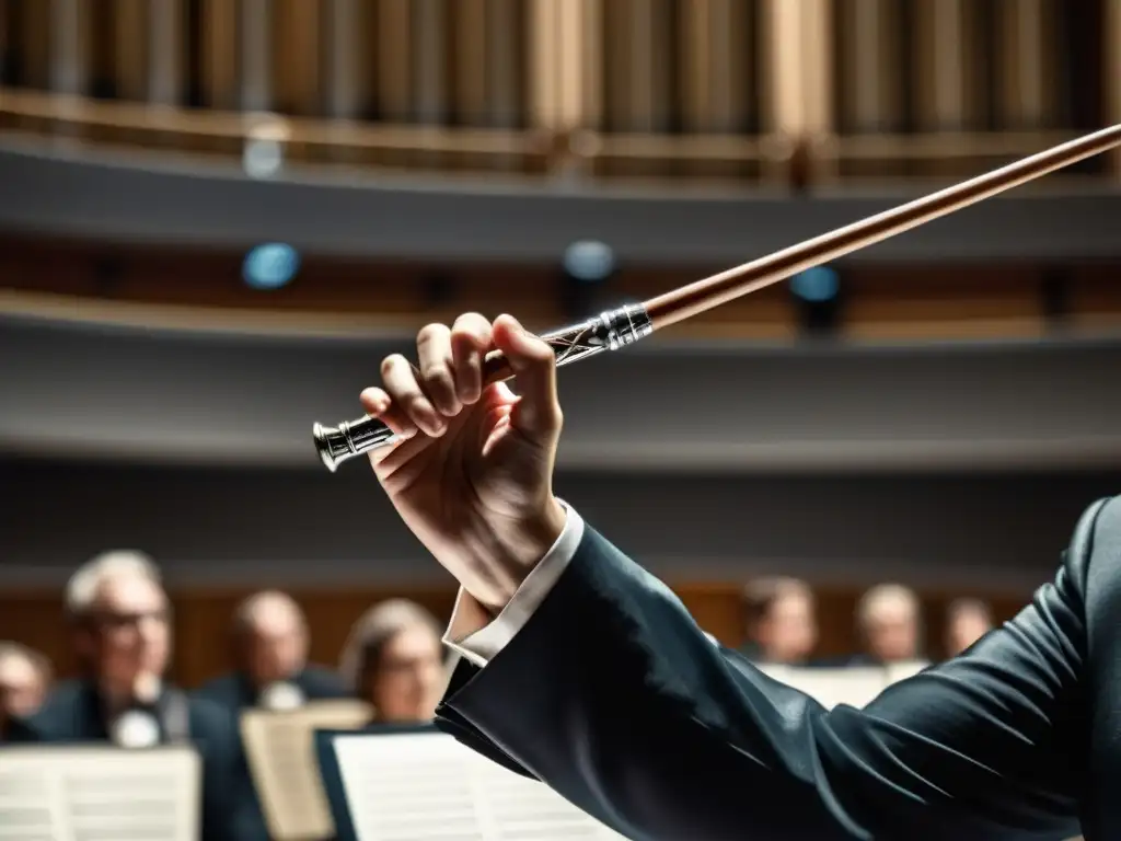 Detalle increíble de mano de director de orquesta con batuta, mostrando la energía y emoción de un concierto en vivo