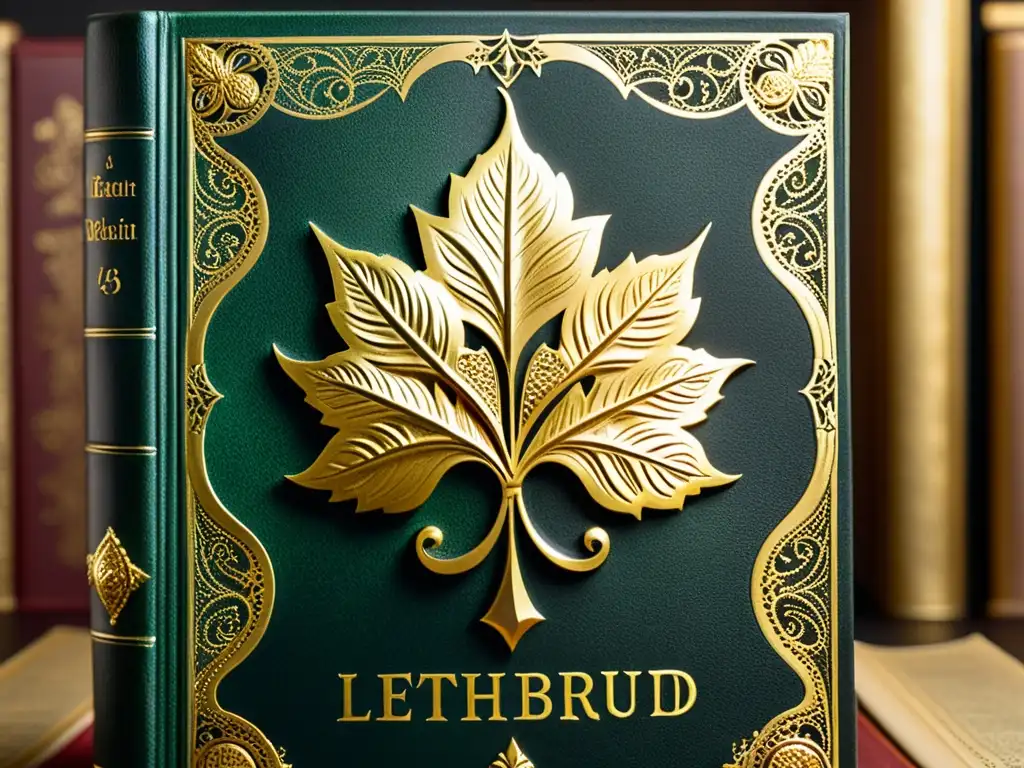 Detalle de un libro vintage de cuero con diseño en relieve y dorado, en un fondo oscuro