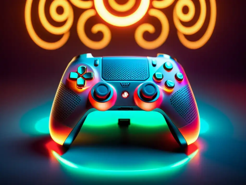 Detalle de un mando de videojuegos con diseño moderno e iluminación LED vibrante