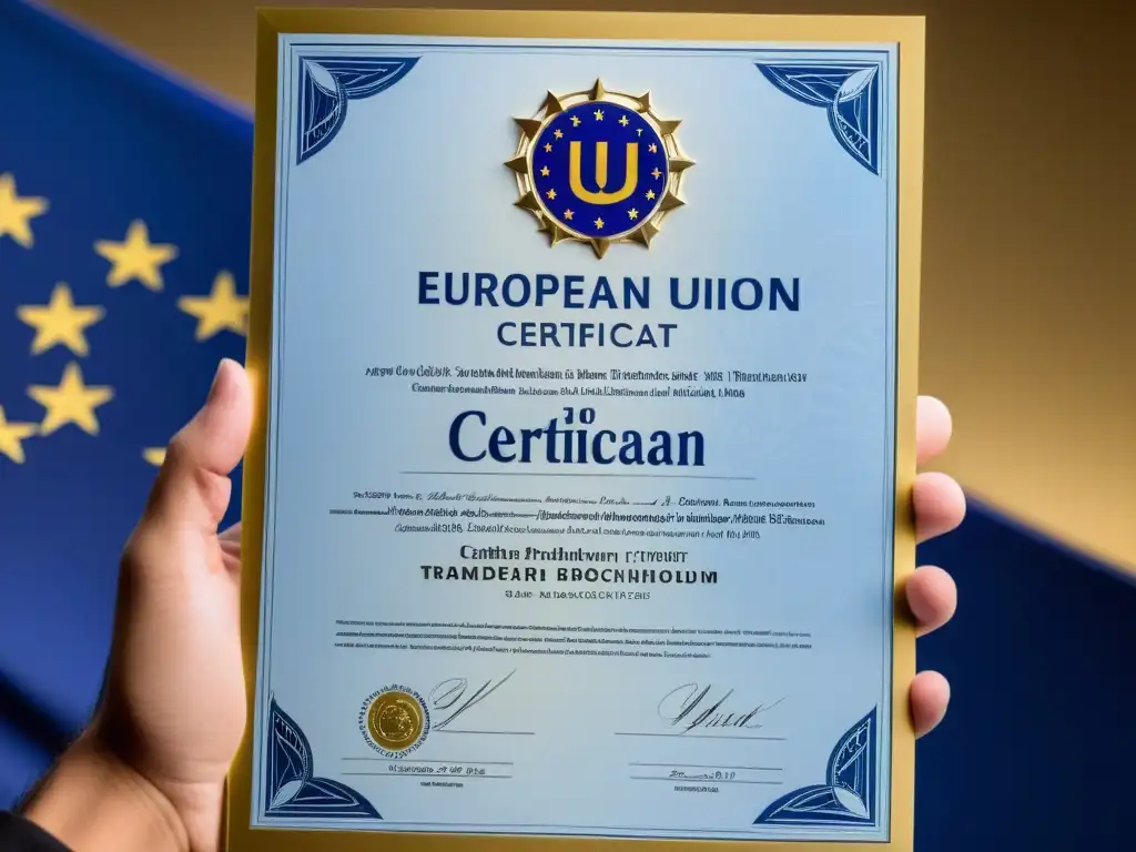 Detalle de mano sosteniendo certificado de marca comunitaria de la Unión Europea, con emblema dorado y azul