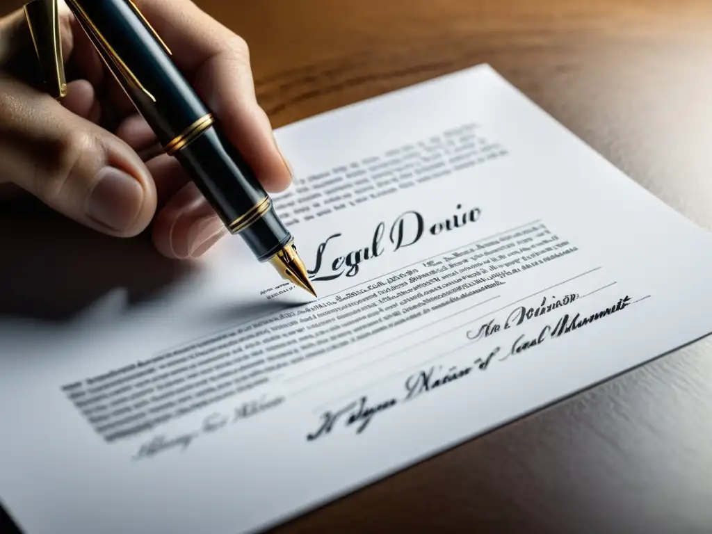 Detalle de una mano firmando un documento legal con pluma, resaltando la seriedad del proceso